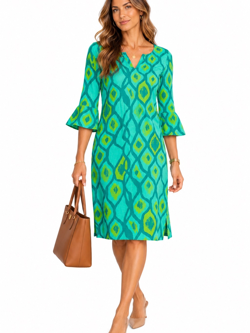 Hatley Cotton Shift Dress S Teal Lime Bell Sleeve Geometric Print Resort Boho